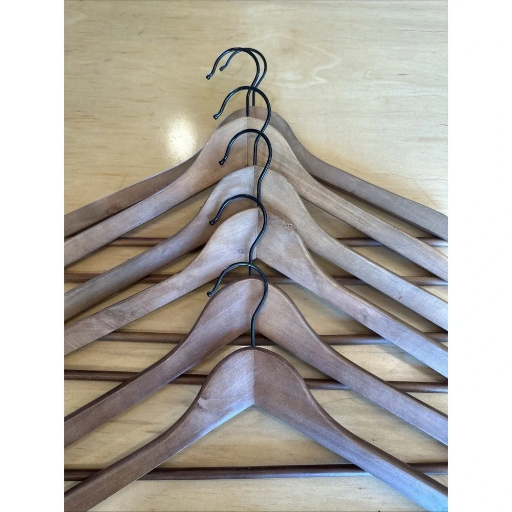 Vintage Wooden Clothes Hangers Standard Size Brown Metal Adult Lot Of 6 Suits